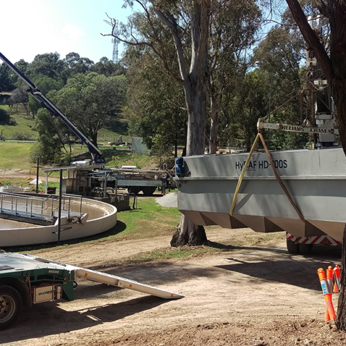A HyDAF system being installed as part of  a major upgrade of the wastewater treatment system at a  food processing plant in QLD. The project also involved  the design and construction of an inground 15 m diameter clarifier 
